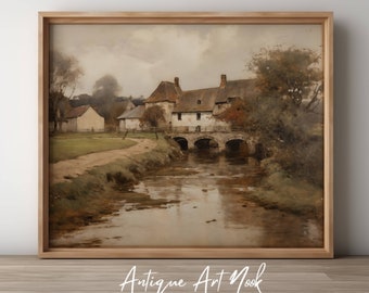 Countryside Print, River Landscape, Antique Wall Art, Cottage Oil Painting, Vintage Style Decor, Moody Artwork, Digital Download, Printable