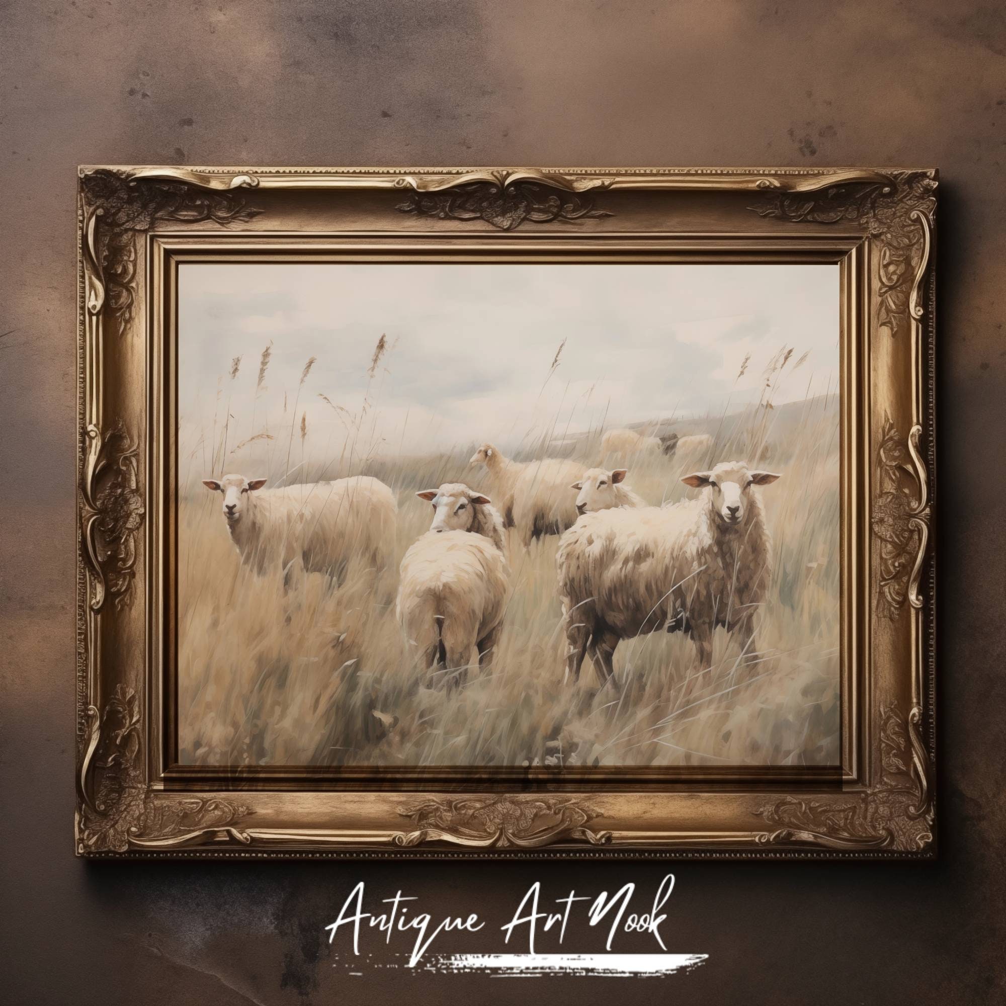 Vintage Sheep Oil Painting, Country Meadow Print, Farmhouse Animals ...