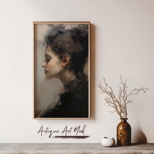 Woman's Profile, Printable Vintage Painting, Antique Wall Art, Portrait Oil Painting, Vintage Style Decor, Moody Decor, Digital Download