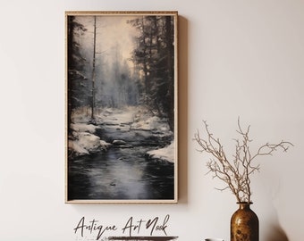 Winter River Scene, Tranquil Forest Artwork, Atmospheric Oil Painting Reproduction, Home Decor, Printable Landscape Art, Digital Download