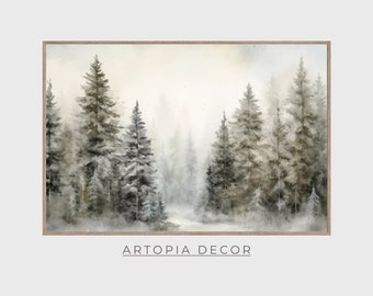 Printable Snowy Pine Forest Painting, Vintage Winter Landscape Print, Wall Art, Digital Download