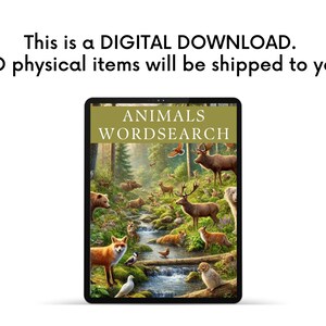 Op de afbeelding: Een digitale download van een dierenwoordzoeker. De puzzel toont een kleurrijke illustratie van een boslandschap met verschillende dieren, waaronder herten, vossen, eekhoorns en vogels. De tekst "ANIMALS WORDSEARCH" staat bovenaan de afbeelding.