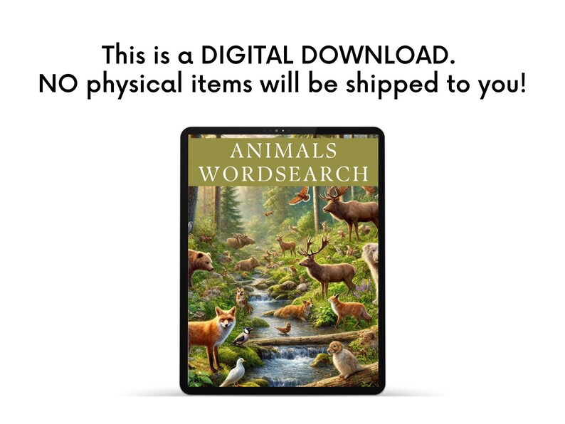 Op de afbeelding: Een digitale download van een dierenwoordzoeker. De puzzel toont een kleurrijke illustratie van een boslandschap met verschillende dieren, waaronder herten, vossen, eekhoorns en vogels. De tekst "ANIMALS WORDSEARCH" staat bovenaan de afbeelding.