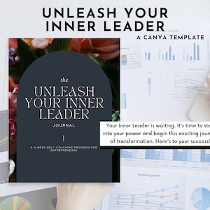 May include: A Canva template for a 4-week self-coaching program for entrepreneurs called "The Unleash Your Inner Leader Journal". The template features a dark blue background with white text and a floral design.