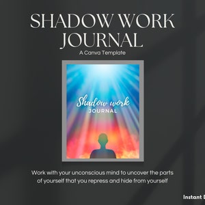 May include: A digital download template for a shadow work journal. The cover features a colorful, abstract design with a silhouette of a person in the center. The text "Shadow work JOURNAL" is written in white on the cover.