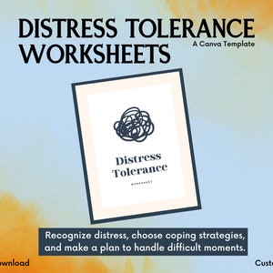 Op de afbeelding: Een digitale download voor printbare werkbladen over stressbestendigheid. De afbeelding toont een blauwe en witte afbeelding van een verwarde lijn met de tekst "Distress Tolerance Worksheets" in een blauw kader. De achtergrond is een aquarel in oranje en blauw.