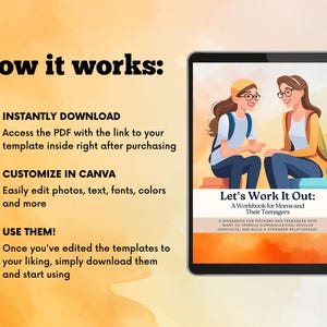 Op de afbeelding: Een digitale illustratie van twee mensen die op een heuvel zitten en met elkaar praten. De afbeelding staat op een tabletscherm met de tekst "Let's Work It Out: A Workbook for Moms and Their Teenagers" op het scherm. De tekst onder de titel luidt "Een werkboek voor moeders en tieners die hun communicatie willen verbeteren, conflicten willen oplossen en een sterkere band willen opbouwen."