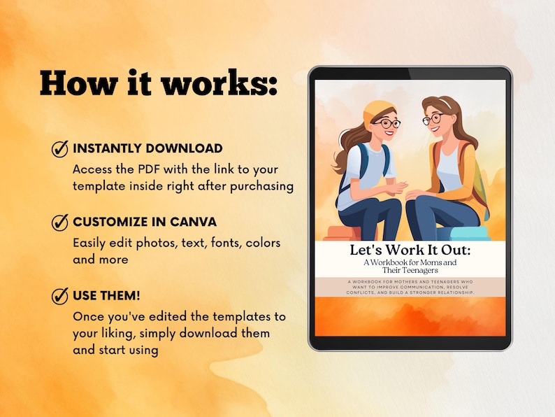 Op de afbeelding: Een digitale illustratie van twee mensen die op een heuvel zitten en met elkaar praten. De afbeelding staat op een tabletscherm met de tekst "Let's Work It Out: A Workbook for Moms and Their Teenagers" op het scherm. De tekst onder de titel luidt "Een werkboek voor moeders en tieners die hun communicatie willen verbeteren, conflicten willen oplossen en een sterkere band willen opbouwen."