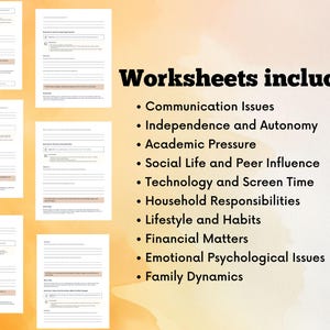 Op de afbeelding: Een set werkbladen die zijn ontworpen om te helpen met communicatieproblemen, onafhankelijkheid, academische druk, sociaal leven, technologiegebruik, huishoudelijke verantwoordelijkheden, levensstijl, financi&euml;n, emotionele en psychologische problemen en familiedynamiek.