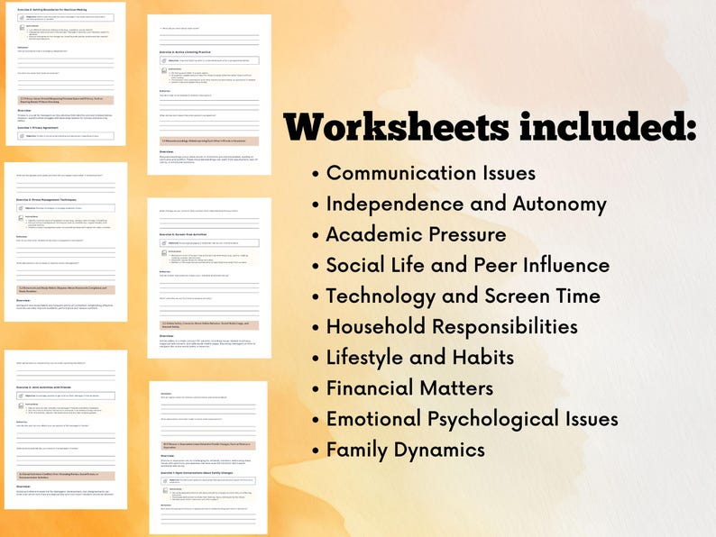 Op de afbeelding: Een set werkbladen die zijn ontworpen om te helpen met communicatieproblemen, onafhankelijkheid, academische druk, sociaal leven, technologiegebruik, huishoudelijke verantwoordelijkheden, levensstijl, financi&euml;n, emotionele en psychologische problemen en familiedynamiek.