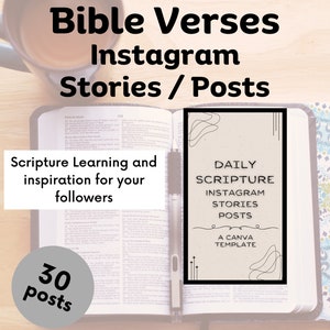 May include: A close-up image of an open Bible with a pen on top of it. The Bible is on a wooden surface. The image has text that reads "Bible Verses Instagram Stories / Posts Scripture Learning and inspiration for your followers DAILY SCRIPTURE INSTAGRAM STORIES POSTS A CANVA TEMPLATE 30 posts".