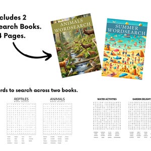 Op de afbeelding: Twee ge&iuml;llustreerde woordzoekerboeken met in totaal 372 woorden om te vinden. De boeken zijn getiteld "Animals Wordsearch" en "Summer Wordsearch". De woordzoekroosters worden onder de boekomslagen getoond.