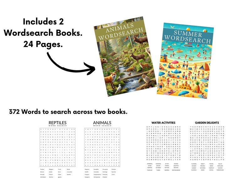 Op de afbeelding: Twee ge&iuml;llustreerde woordzoekerboeken met in totaal 372 woorden om te vinden. De boeken zijn getiteld "Animals Wordsearch" en "Summer Wordsearch". De woordzoekroosters worden onder de boekomslagen getoond.