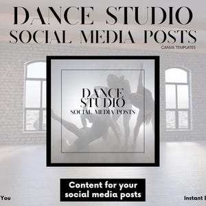 Puede incluir: Imagen que promociona contenido para redes sociales para un estudio de danza. El texto dice "DANCE STUDIO SOCIAL MEDIA POSTS" y "Content for your social media posts". El fondo muestra un estudio de danza con bailarines.