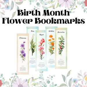 Op de afbeelding: Set van zes printbare bladwijzers met aquarel illustraties van bloemen die bij elke maand van het jaar horen. De bladwijzers bevatten de maandnaam, de naam van de bloem en een korte beschrijving van de bloem.