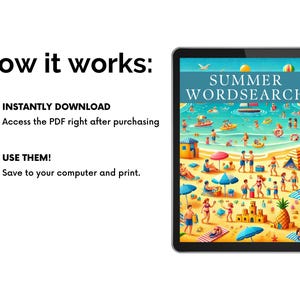 Op de afbeelding: Een digitale illustratie van een strandscene met mensen, parasols en een zandkasteel. De tekst "SUMMER WORDSEARCH" staat bovenaan de afbeelding.