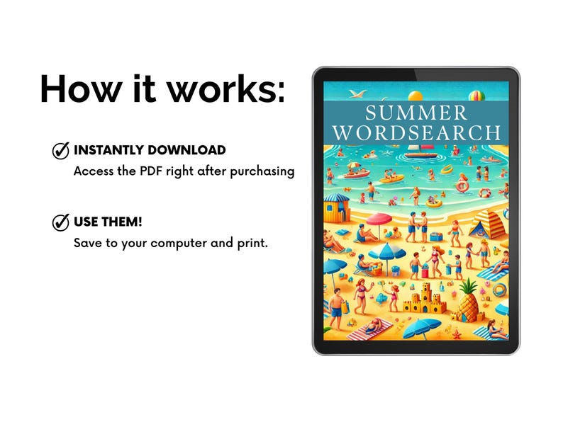 Op de afbeelding: Een digitale illustratie van een strandscene met mensen, parasols en een zandkasteel. De tekst "SUMMER WORDSEARCH" staat bovenaan de afbeelding.