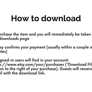 Op de afbeelding: Tekstuele instructies over het downloaden van digitale items die op Etsy zijn gekocht. De instructies bevatten informatie over de downloadpagina, de betalingsbevestiging en hoe je downloads kunt openen voor ingelogde gebruikers en gasten.