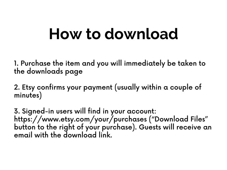 Op de afbeelding: Tekstuele instructies over het downloaden van digitale items die op Etsy zijn gekocht. De instructies bevatten informatie over de downloadpagina, de betalingsbevestiging en hoe je downloads kunt openen voor ingelogde gebruikers en gasten.