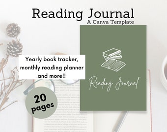 May include: A green and white printable reading journal template with the text "Reading Journal" and a drawing of a stack of books. The text "A Canva Template" is also included. The journal has 20 pages and is designed for tracking books read, planning reading, and more.