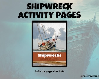 Op de afbeelding: Een digitale download van activiteitenpagina's voor kinderen met als thema scheepswrakken. De omslagfoto toont een scheepswrak met de tekst "Shipwrecks: Facts and Fun Activities".