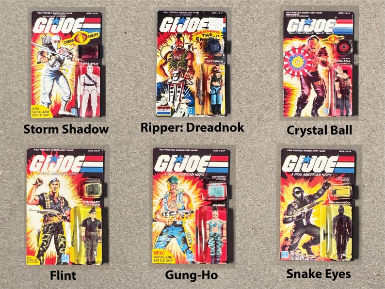 May include: Six vintage G.I. Joe action figures on their original packaging. The figures include Storm Shadow, Ripper: Dreadnok, Crystal Ball, Flint, Gung-Ho, and Snake Eyes. Each package features vibrant colors and character art.