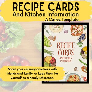 Modelo de cartões de receita para planejador de refeições de cozinha editável em Canva, lista de compras de culinária