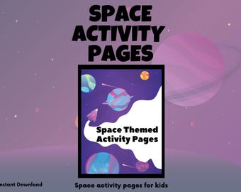 May include: A purple and blue space-themed activity book with planets, stars, and a rocket ship. The book cover says "Space Themed Activity Pages".