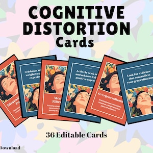 Puede incluir: Imagen de "Tarjetas de Distorsión Cognitiva" con una ilustración floral y un rostro femenino. Las tarjetas están en marcos rojos y azules, con texto que describe las distorsiones cognitivas. La imagen también incluye el texto "36 Tarjetas Editables" y "Descarga Instantánea".