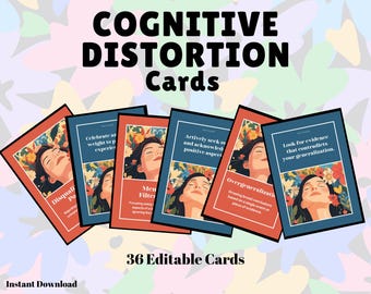 Cognitive Distortions Cards | CBT Tool | Self Care | Mental Health | Positive Mindset | Therapy Flash Cards | Coping Skills Restructuring