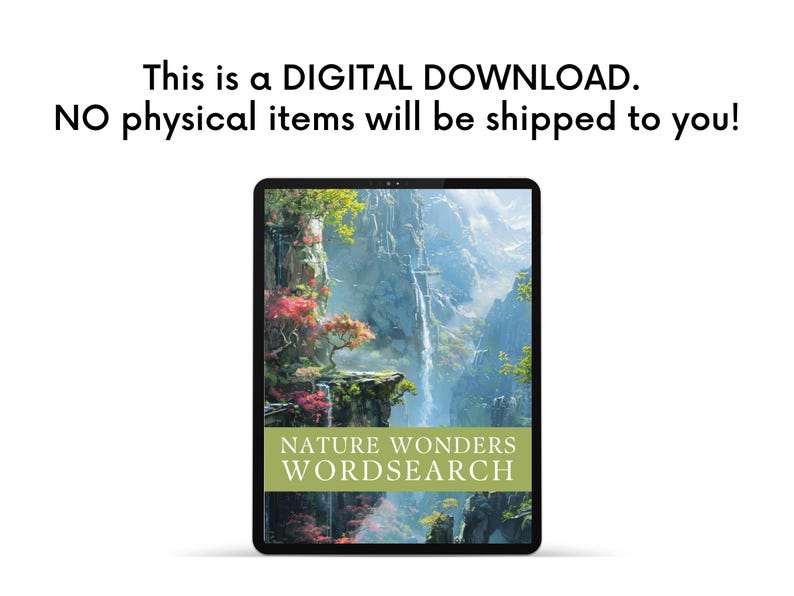 May include: A digital download of a nature-themed word search puzzle. The image shows a tablet screen displaying a lush green forest with a waterfall and the text "NATURE WONDERS WORDSEARCH".