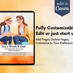 Op de afbeelding: Een digitaal werkboek met de titel "Let's Work It Out: A Workbook for Moms and Their Teenagers" met een illustratie van twee mensen die zitten en praten. Het werkboek is ontworpen om moeders en tieners te helpen de communicatie te verbeteren, conflicten op te lossen en een sterkere band op te bouwen.