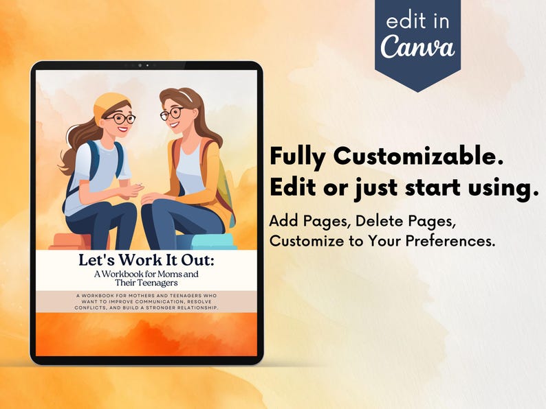 Op de afbeelding: Een digitaal werkboek met de titel "Let's Work It Out: A Workbook for Moms and Their Teenagers" met een illustratie van twee mensen die zitten en praten. Het werkboek is ontworpen om moeders en tieners te helpen de communicatie te verbeteren, conflicten op te lossen en een sterkere band op te bouwen.
