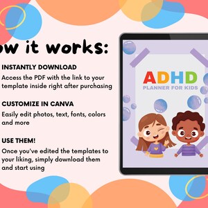 May include: A digital tablet screen displaying a purple background with the text "ADHD PLANNER FOR KIDS". Two cartoon children, a girl with brown hair and a boy with brown skin, are smiling and looking at the viewer. The text "How it works:" is displayed on the left side of the image with three checkmarks and descriptions of how to use the planner.