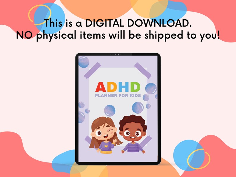 May include: A digital download for an ADHD planner for kids. The cover features a purple background with a white rectangle that says "ADHD Planner for Kids". There are two cartoon children, a girl with brown hair and a boy with brown skin and brown hair, smiling and looking at each other.