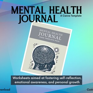 May include: A digital download of a mental health journal template pack. The cover features a gray illustration of a head with a maze inside, surrounded by keys, a lightbulb, and a sun. The text "Mental Health Journal Page Template Pack" is printed on the cover.