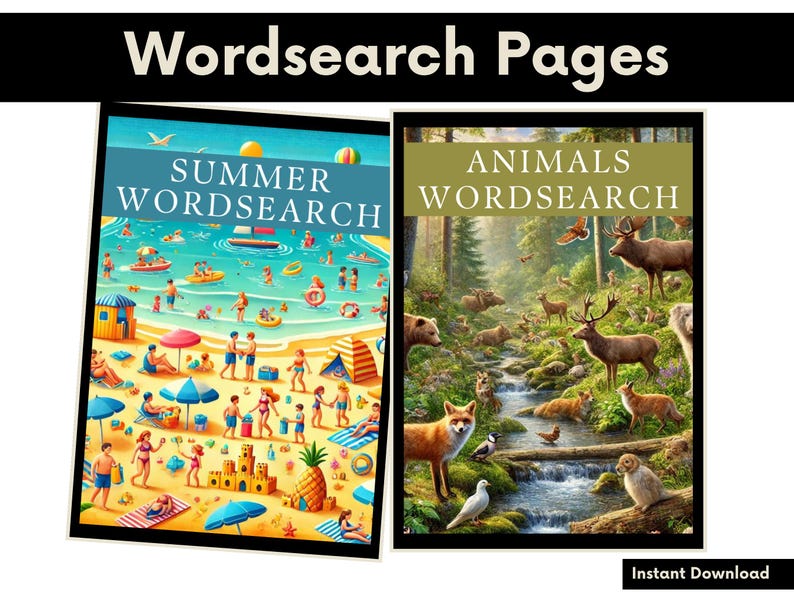 Op de afbeelding: Twee kleurrijke woordzoekerpuzzelpagina's. De eerste pagina toont een zomers strandtafereel met mensen die zwemmen, zonnebaden en in het zand spelen. De tweede pagina toont een boslandschap met dieren zoals herten, vossen en beren.