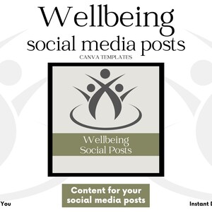 May include: A digital download of Canva templates for social media posts about wellbeing. The image features a gray icon of three people holding hands in a circle, with the text "Wellbeing Social Posts" in a green box.