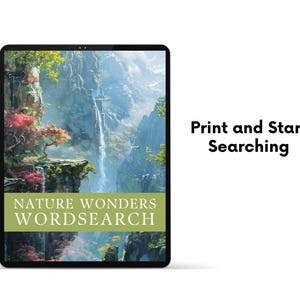 May include: A digital tablet displaying a nature-themed word search puzzle. The image shows a lush green forest with a waterfall cascading down a cliff. The text on the tablet reads "Nature Wonders Wordsearch".