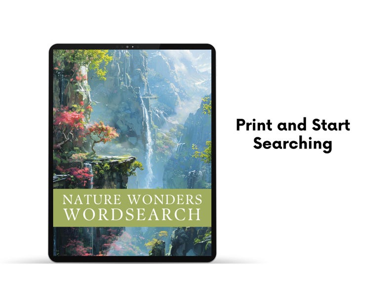 May include: A digital tablet displaying a nature-themed word search puzzle. The image shows a lush green forest with a waterfall cascading down a cliff. The text on the tablet reads "Nature Wonders Wordsearch".