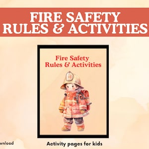 Peut inclure: Téléchargement numérique avec une illustration à l'aquarelle d'un enfant déguisé en pompier. L'image est encadrée en noir et comprend le texte "Fire Safety Rules & Activities" et "Activity pages for kids". Le fond est un lavis d'aquarelle doux.