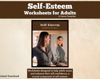 May include: A digital download of self-esteem worksheets for adults. The cover features a woman looking at her reflection in a mirror. The text on the cover reads "Self-Esteem Worksheets for Adults".