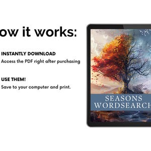 May include: A digital illustration of a tree with fall foliage on one side and winter foliage on the other. The text "SEASONS WORDSEARCH" is on a blue banner below the tree.