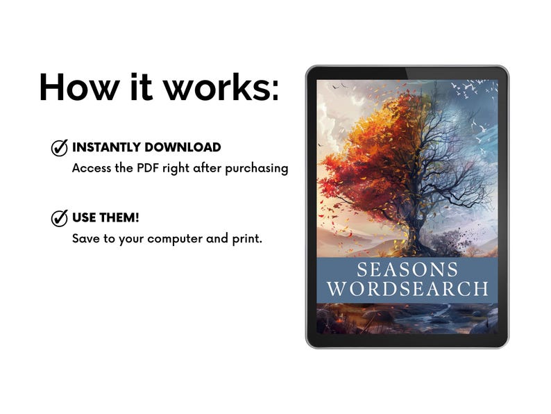 May include: A digital illustration of a tree with fall foliage on one side and winter foliage on the other. The text "SEASONS WORDSEARCH" is on a blue banner below the tree.