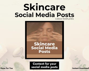 Może przedstawiać: Grafika cyfrowa z brązowym tłem i twarzą kobiety w środku. Kobieta ma zamknięte oczy, a jej ręce są na twarzy. Tekst "Skincare Social Media Posts" jest białymi literami na brązowym prostokącie. Tekst "Content for your social media posts" jest białymi literami na brązowym prostokącie. Tekst "Instant Download" jest białymi literami na brązowym prostokącie.