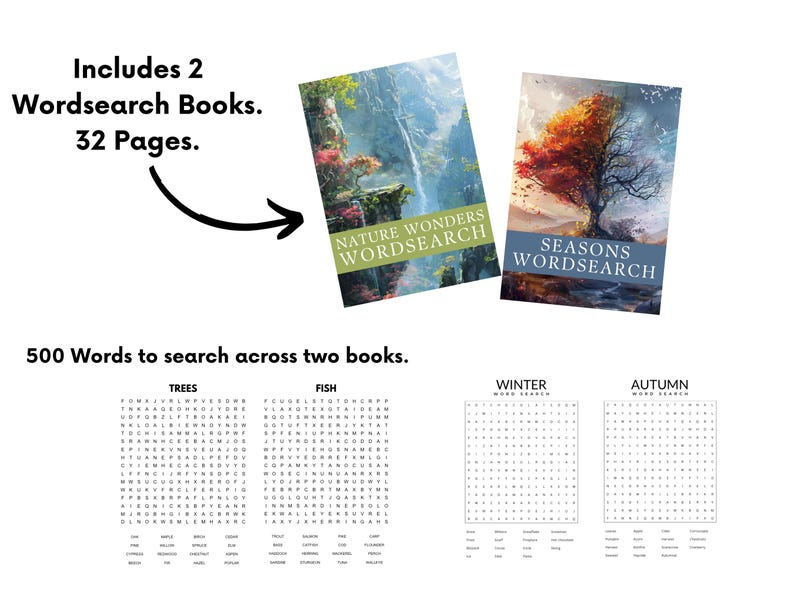 May include: Two word search puzzle books with nature themes. The first book features a waterfall and lush greenery with the title "Nature Wonders Wordsearch". The second book features a tree with changing leaves and the title "Seasons Wordsearch". The books contain 500 words to search across two books.