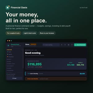 以下が含まれることがあります： Financial Oasis個人財務ソフトウェアのデジタルインターフェース。ダークテーマのダッシュボードには、世帯純資産、DavidとIsabellaの個別残高、現金および当座預金の合計、注意が必要な項目セクションが表示されています。