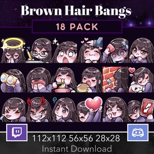 May include: A set of 18 animated Twitch and Discord emotes featuring a character with brown hair and bangs. The emotes are in various poses and expressions, including winking, eating, and holding a heart. The text "18 PACK" is displayed above the emotes, and the text "112x112 56x56 28x28 Instant Download" is displayed below the emotes.