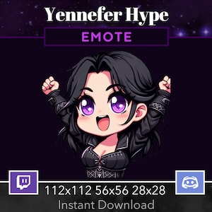 May include: A purple and black animated emote featuring a cartoon character with black hair, purple eyes, and a black outfit. The character is raising both arms in the air with a happy expression. The text "Yennefer Hype" and "EMOTE" are displayed above the character. The text "112x112 56x56 28x28 Instant Download" is displayed below the character. The Twitch and Discord logos are displayed on either side of the text.