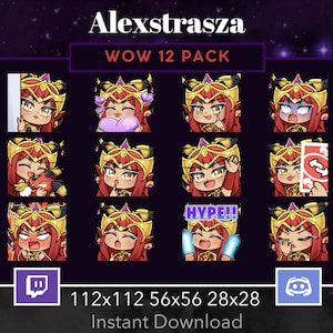 Peut inclure: Un ensemble de 12 émoticônes Twitch numériques représentant un personnage aux cheveux roux avec une couronne et différentes expressions. Les émoticônes sont de différentes tailles : 112x112, 56x56 et 28x28. Le texte « WOW 12 PACK » est affiché au-dessus des émoticônes.